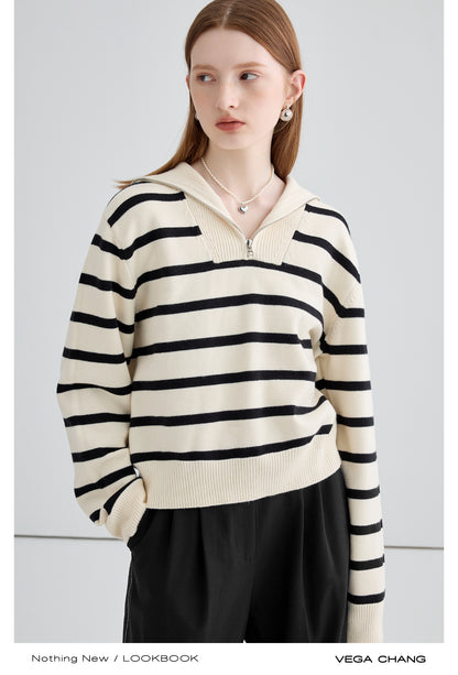 Striped Sailor Collar Half-Zip Sweater