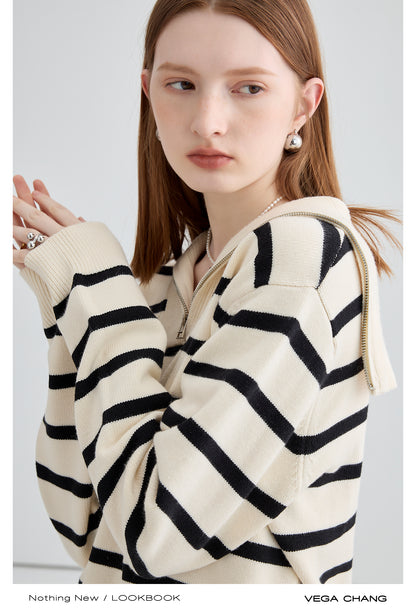 Striped Sailor Collar Half-Zip Sweater