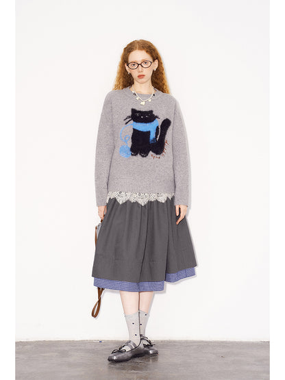 Cat Motif Wool Blend Jacquard Sweater