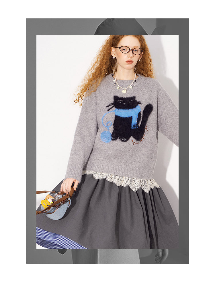 Cat Motif Wool Blend Jacquard Sweater