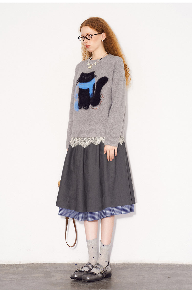 Cat Motif Wool Blend Jacquard Sweater