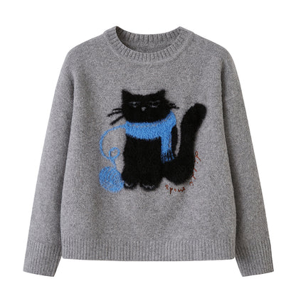 Cat Motif Wool Blend Jacquard Sweater