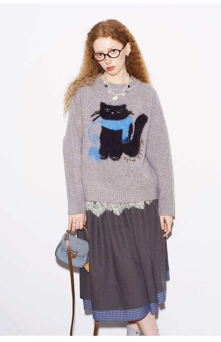 Cat Motif Wool Blend Jacquard Sweater