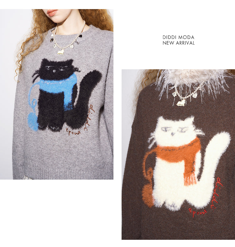 Cat Motif Wool Blend Jacquard Sweater