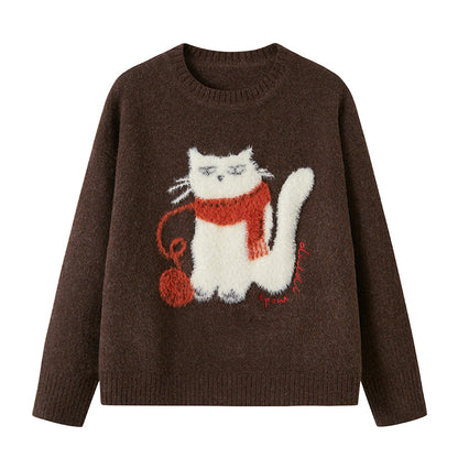 Cat Motif Wool Blend Jacquard Sweater