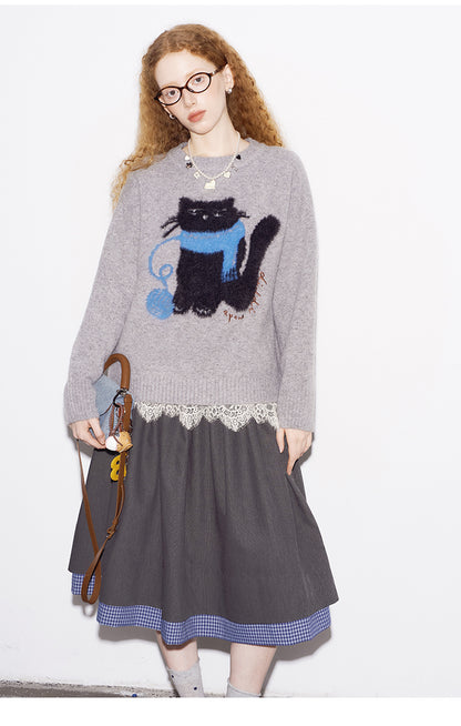 Cat Motif Wool Blend Jacquard Sweater