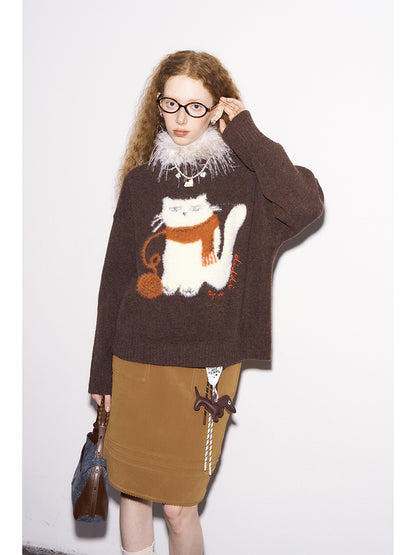 Cat Motif Wool Blend Jacquard Sweater