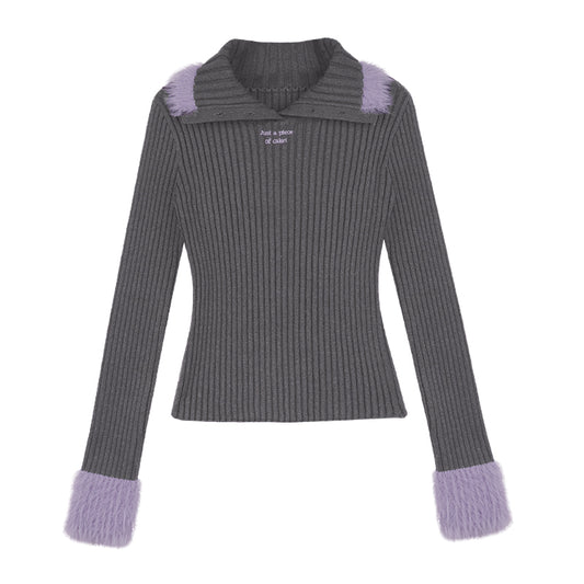 Roll Neck Rib Knit Top With Fuzzy Trim