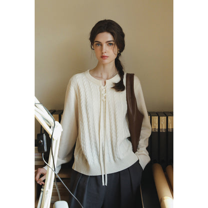 Wool Lace-Up Cable Knit Pullover