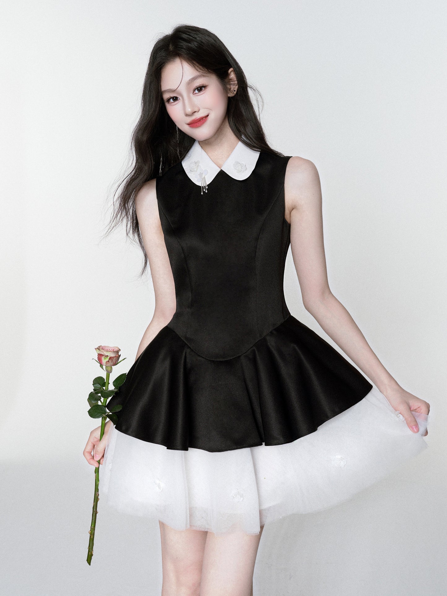 Tulle Underlayer Satin Dress With Sequin Details