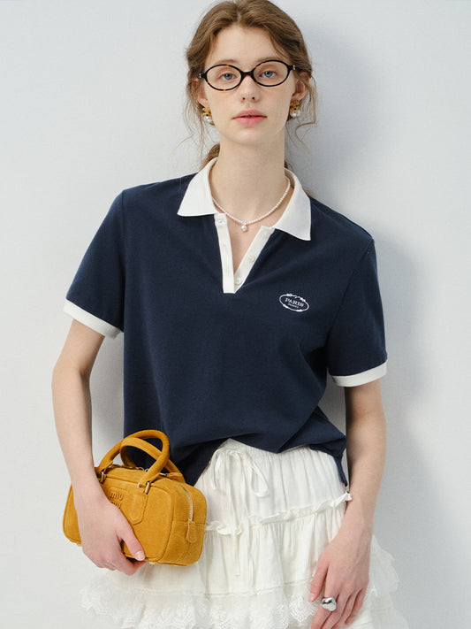 Embroidered Contrast Color Cotton Polo Shirt