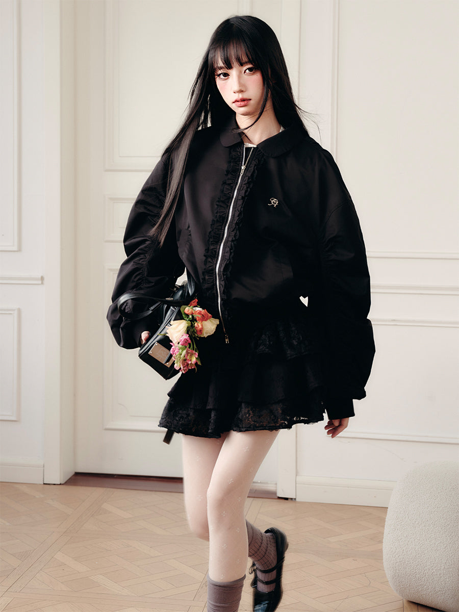 Ruched Bomber Jacket With Ruffle Trim