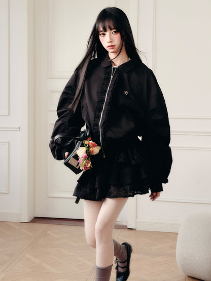 Ruched Bomber Jacket With Ruffle Trim