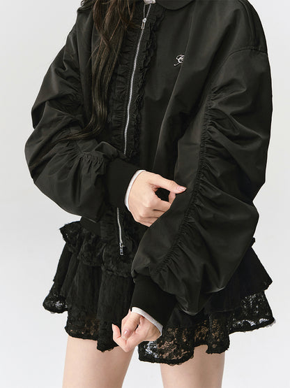 Ruched Bomber Jacket With Ruffle Trim