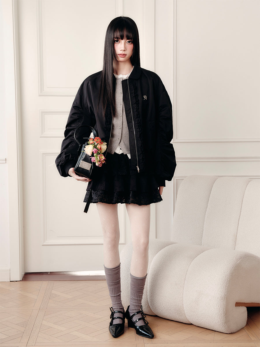 Ruched Bomber Jacket With Ruffle Trim