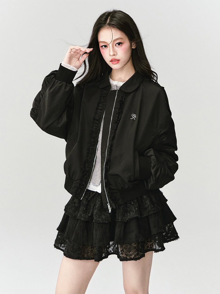 Ruched Bomber Jacket With Ruffle Trim