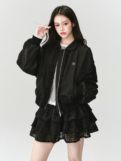 Ruched Bomber Jacket With Ruffle Trim