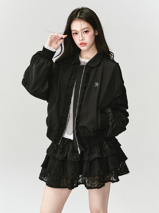 Ruched Bomber Jacket With Ruffle Trim