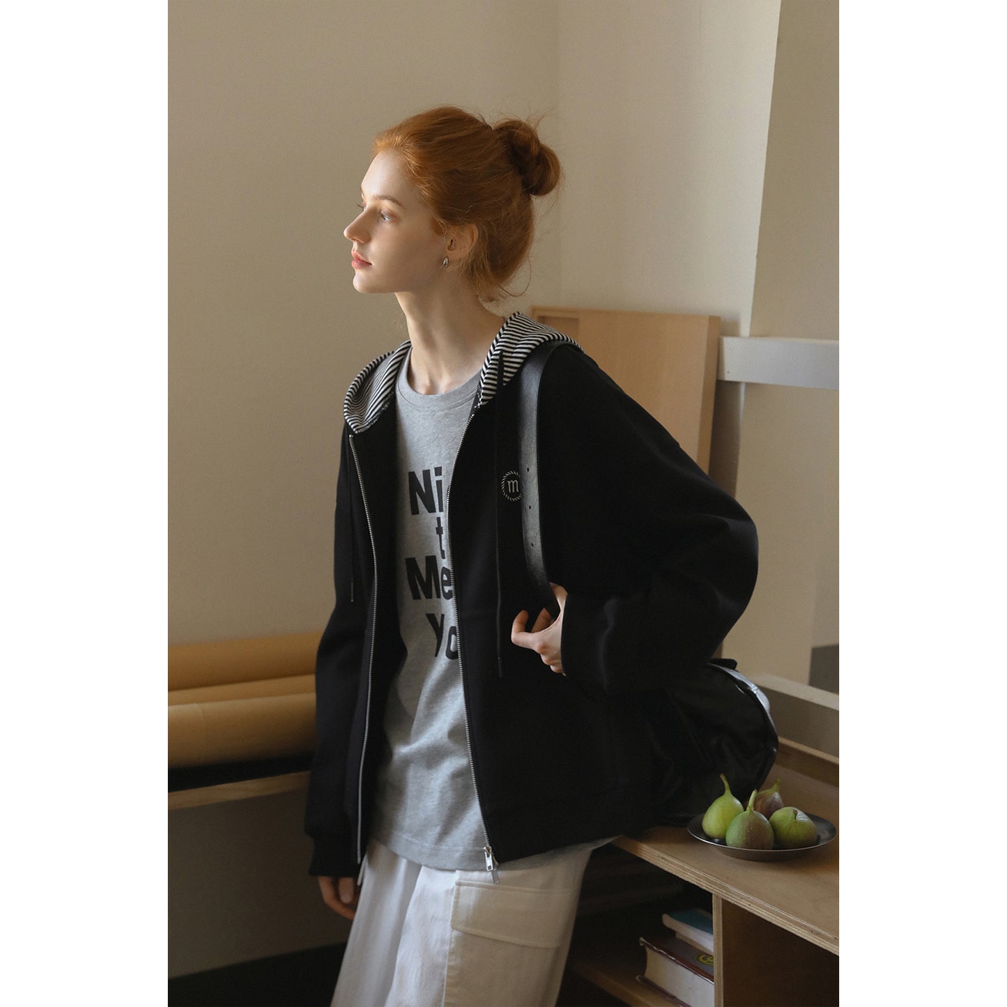Striped-Hood Zip-Up Sweatshirt