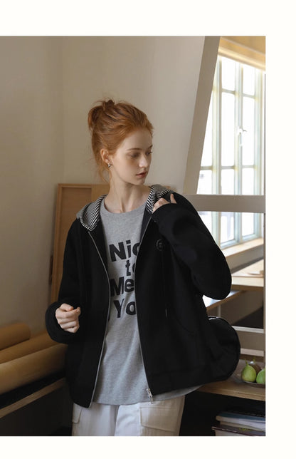 Striped-Hood Zip-Up Sweatshirt