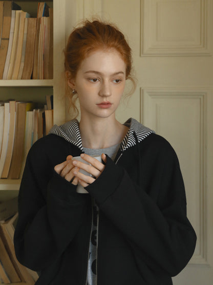 Striped-Hood Zip-Up Sweatshirt