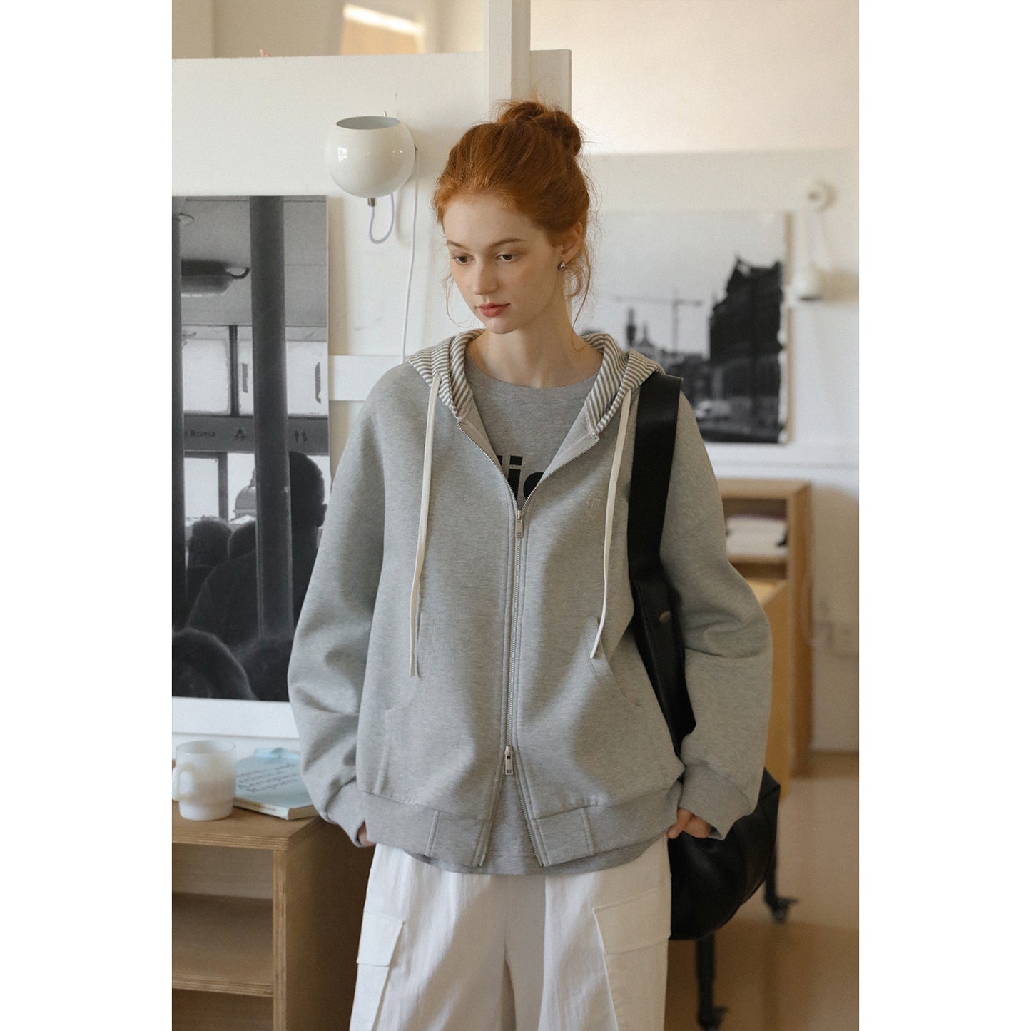 Striped-Hood Zip-Up Sweatshirt