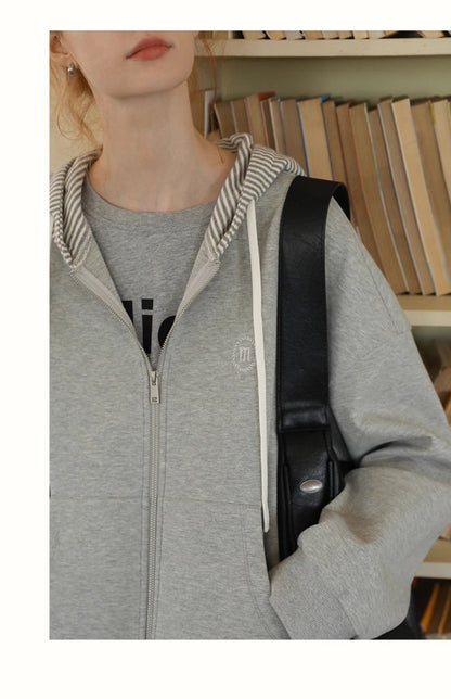Striped-Hood Zip-Up Sweatshirt