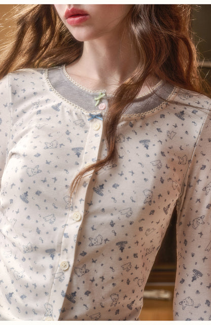 Faux Layered Slim-Fit Bunny Print Top