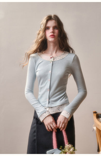 Faux Layered Slim-Fit Bunny Print Top