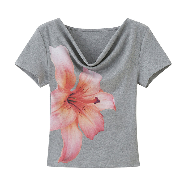 Off-Shoulder T-Shirt With Large Flower Print