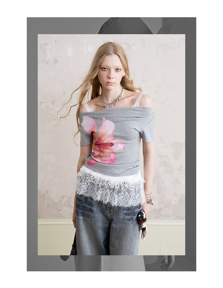 Off-Shoulder T-Shirt With Large Flower Print