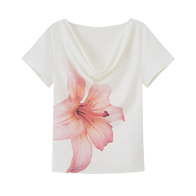 Off-Shoulder T-Shirt With Large Flower Print