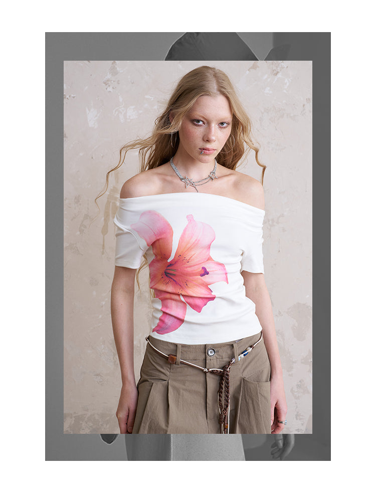 Off-Shoulder T-Shirt With Large Flower Print