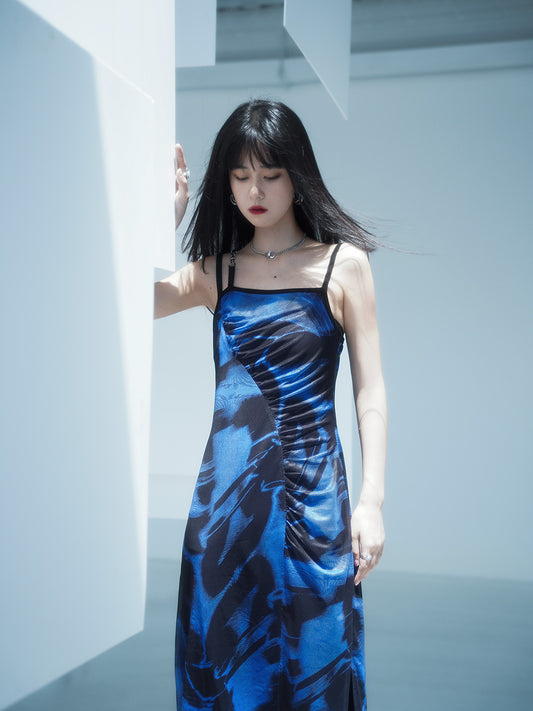 Ruched Printed Dress With Asymmetric Chain Detail Strap