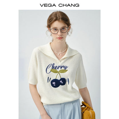 Cherry Motif Short-Sleeve Knit Polo Top