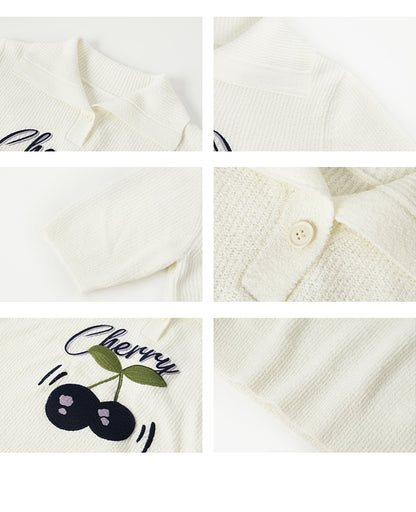 Cherry Motif Short-Sleeve Knit Polo Top