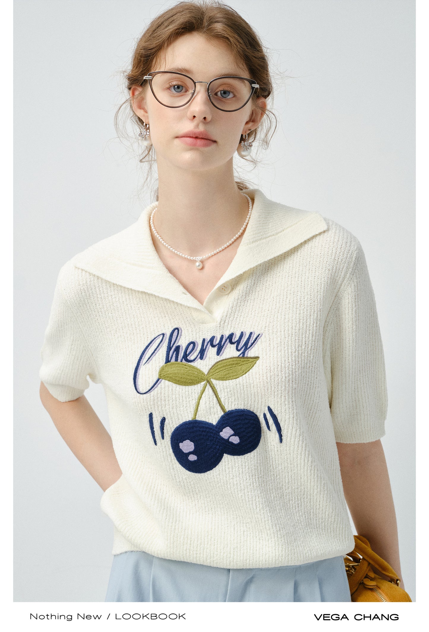 Cherry Motif Short-Sleeve Knit Polo Top