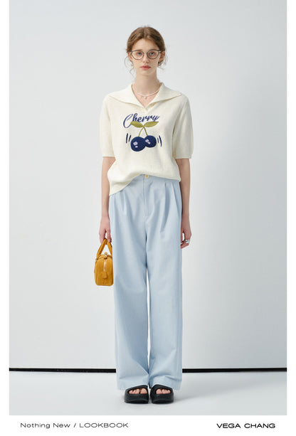 Cherry Motif Short-Sleeve Knit Polo Top