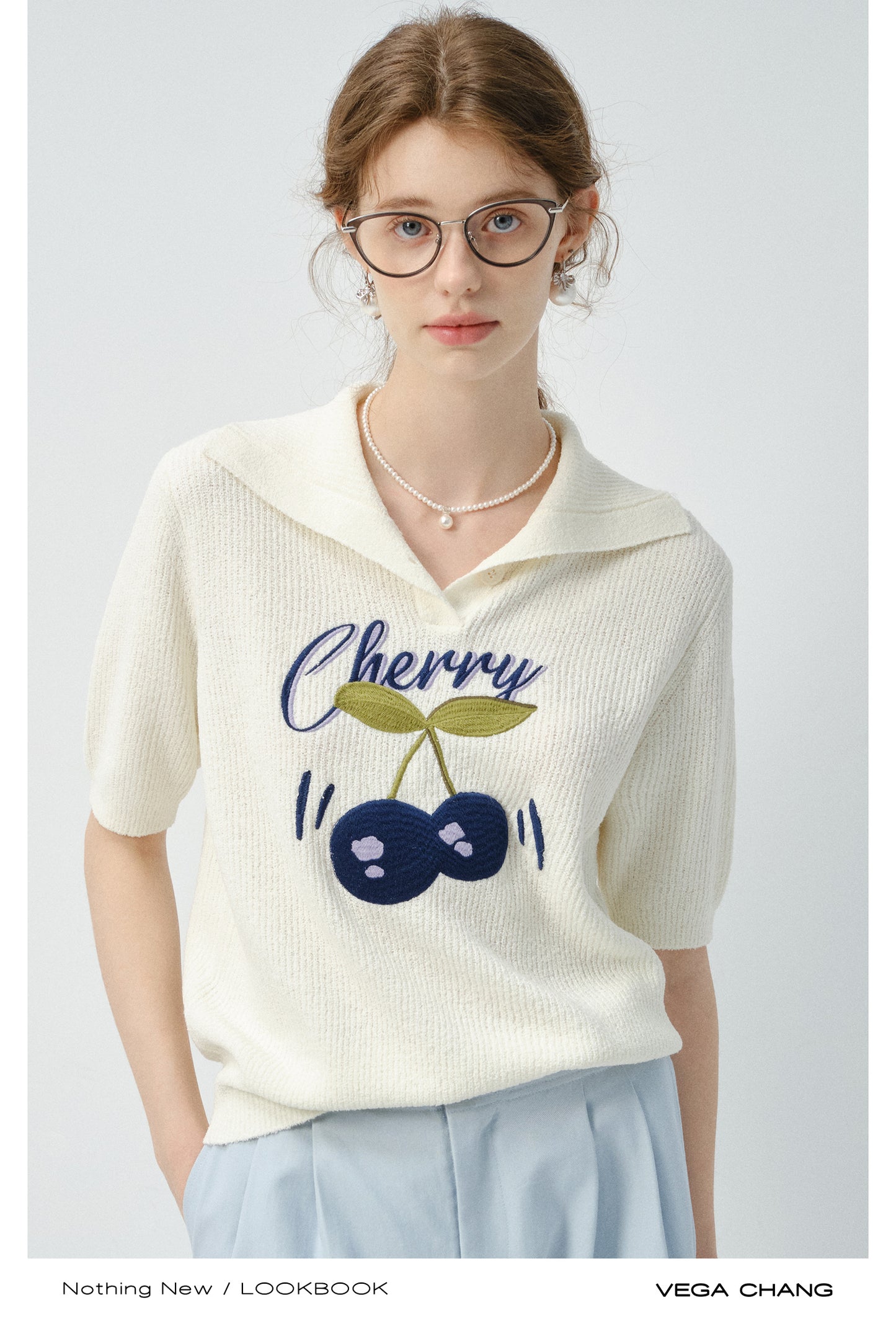 Cherry Motif Short-Sleeve Knit Polo Top