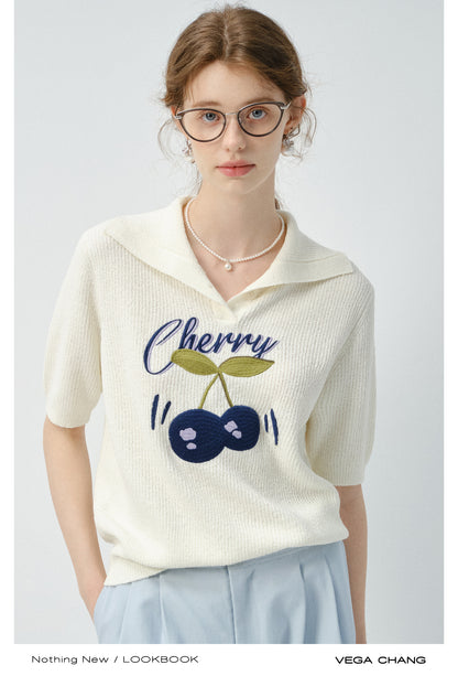 Cherry Motif Short-Sleeve Knit Polo Top