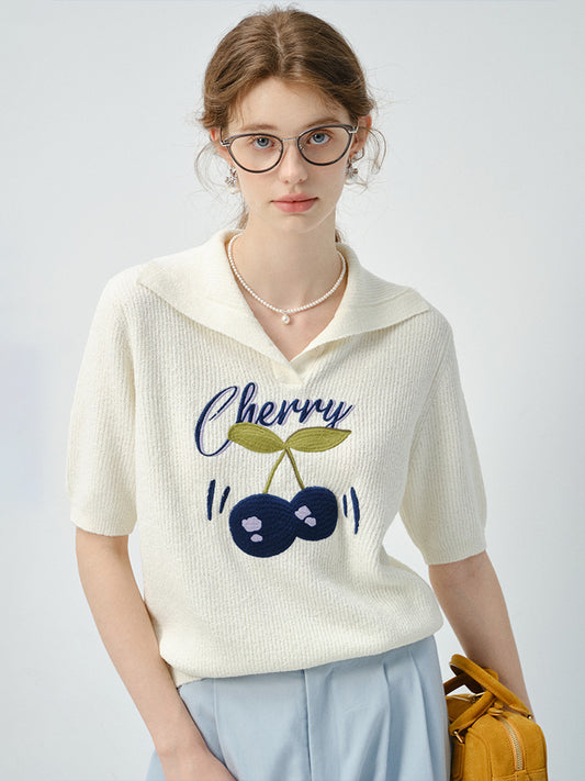 Cherry Motif Short-Sleeve Knit Polo Top