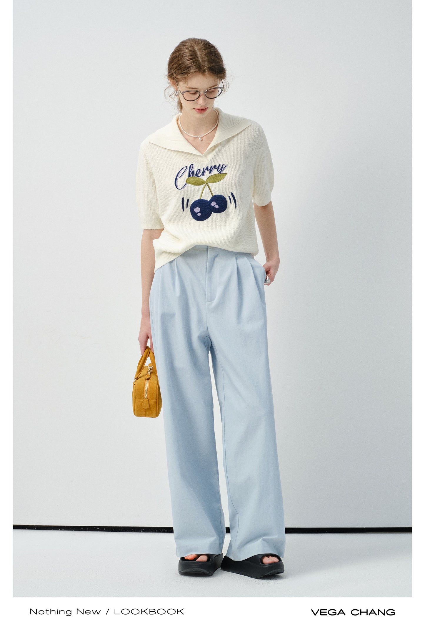 Cherry Motif Short-Sleeve Knit Polo Top
