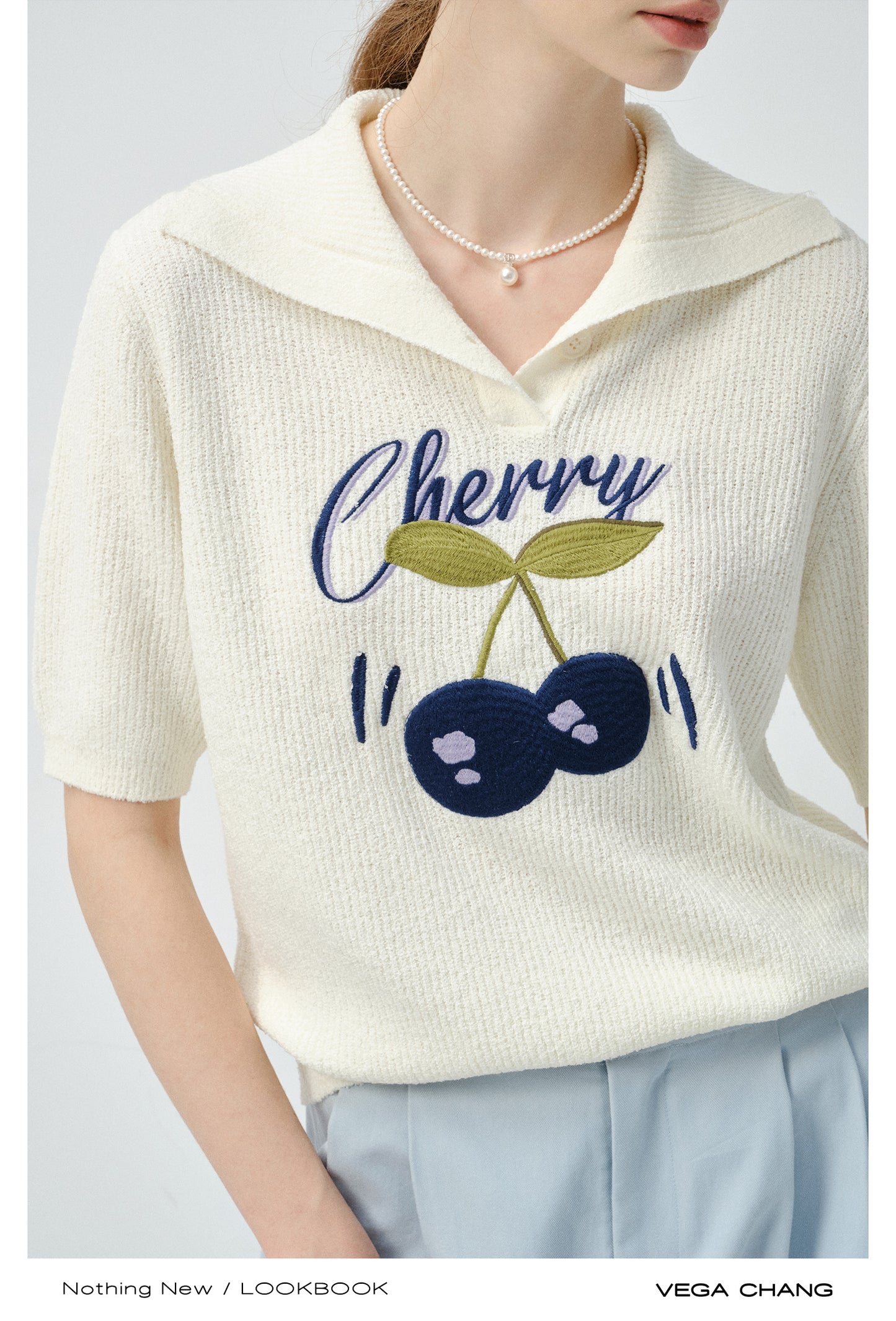 Cherry Motif Short-Sleeve Knit Polo Top