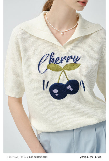 Cherry Motif Short-Sleeve Knit Polo Top
