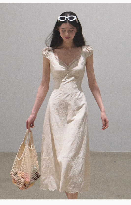 Puff-Sleeve Embroidered Cotton Midi Dress