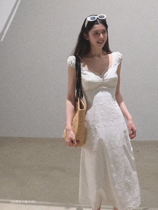 Puff-Sleeve Embroidered Cotton Midi Dress