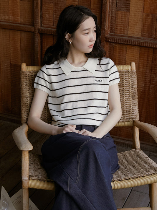 Polo-Collar Striped Wool Knit Top