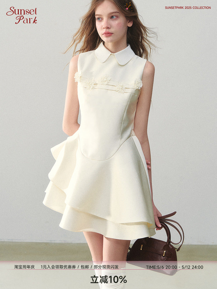 Structured Asymmetric Satin Dress With Peter Pan Collar