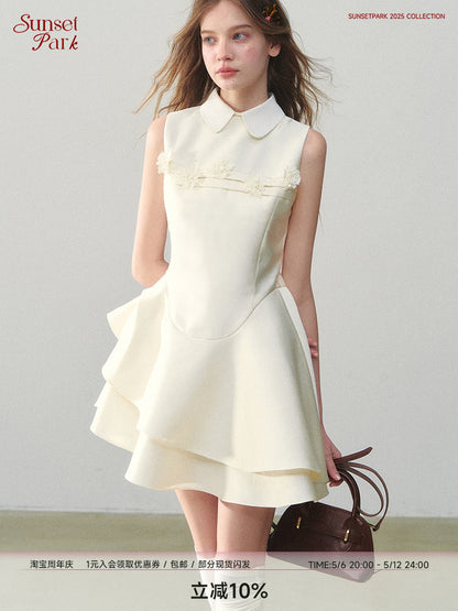 Structured Asymmetric Satin Dress With Peter Pan Collar
