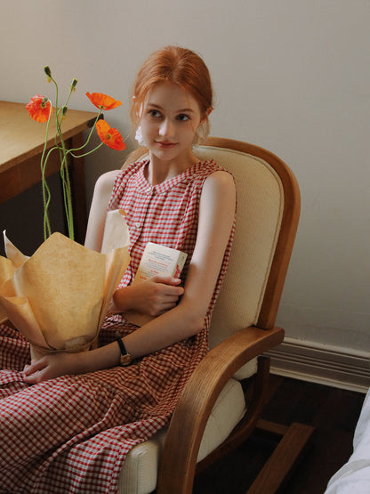 Sleeveless Band-Collar Gingham Seersucker Dress